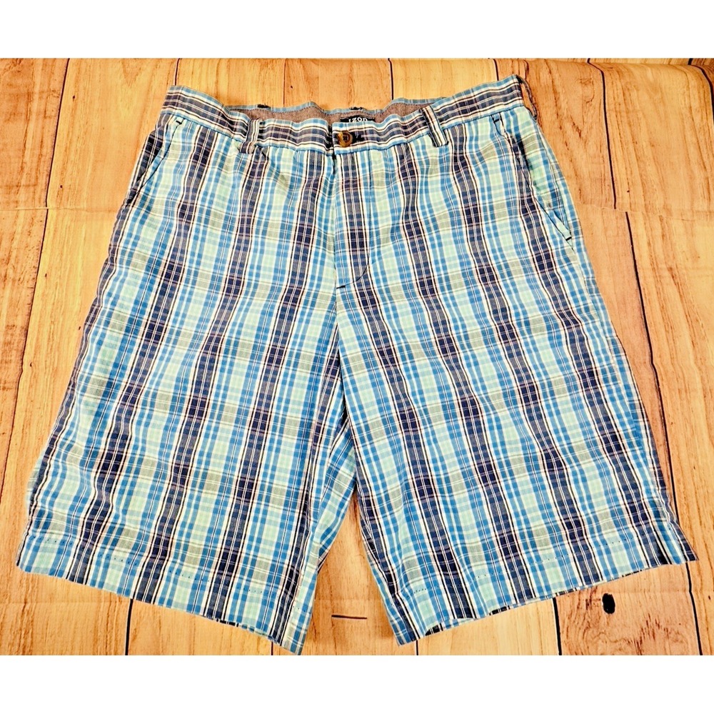 Izod Chino Shorts Men Size 34 x 10 Blue Plaid Cotton Logo Pockets Golf